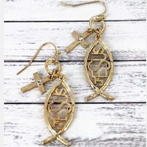 3/$25 Goldtone Jesus Fish Cross Charm Fish Hook Earrings